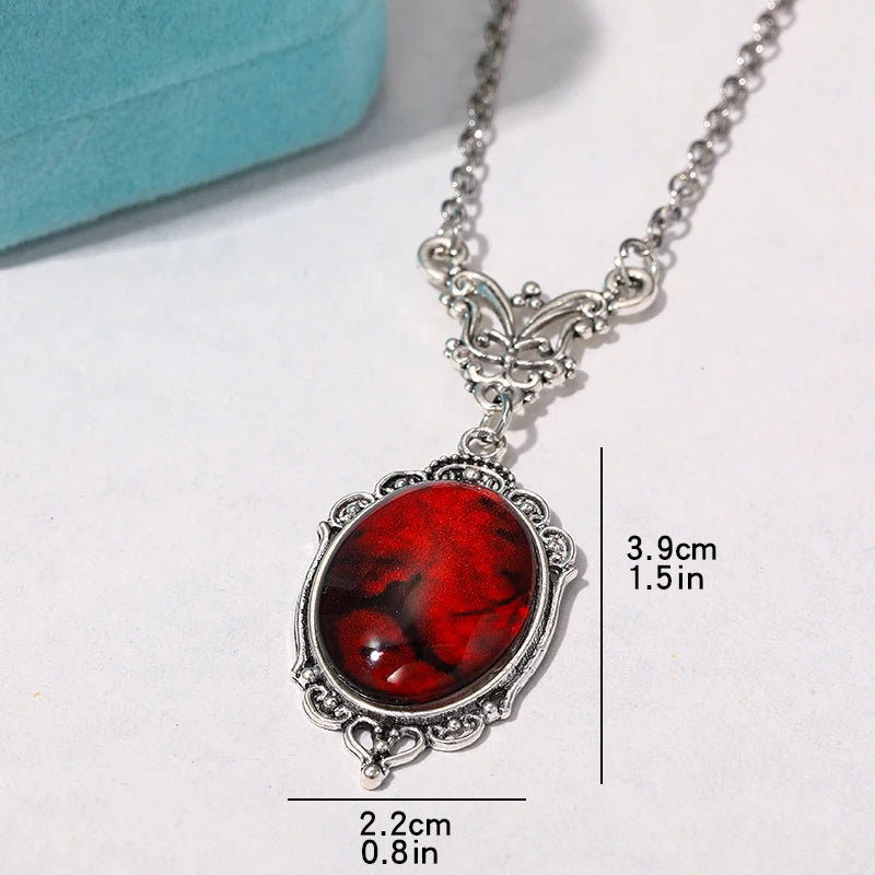 Gothic Blood Red Quartz Charm Necklace Oval Pendant Necklace