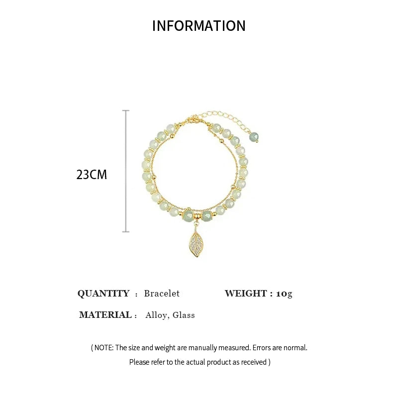 Nature’s Whisper Double Layer Bracelet - Green Beads & Gold Leaf