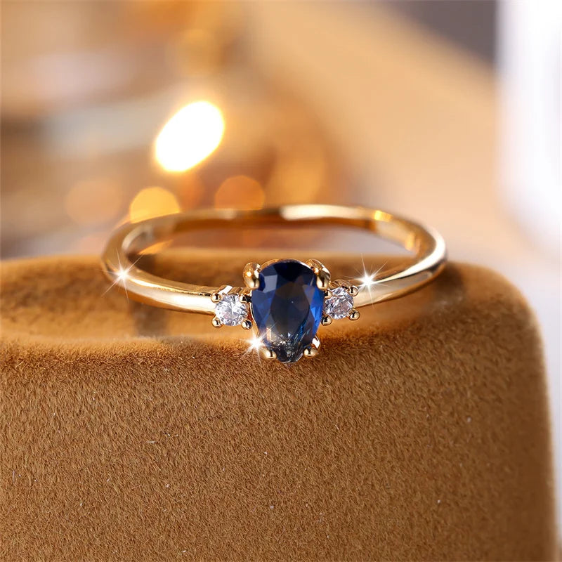 Royal Ocean Blue Tear-Drop Ring - Elegant Gold Band