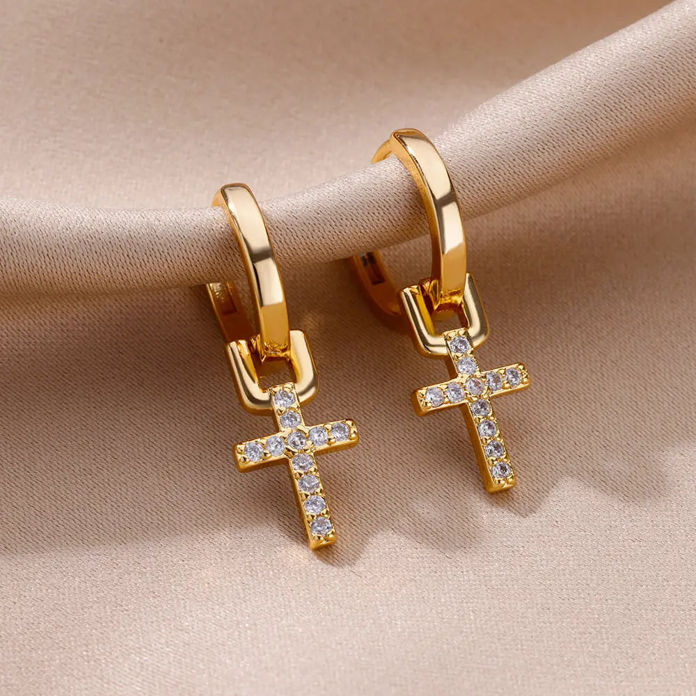 Zircon Cross Drop Earring for Women 2023 Gold Color Stainless Steel Earrings Luxury Ear Buckle Jewelry Wedding Gifts pendientes