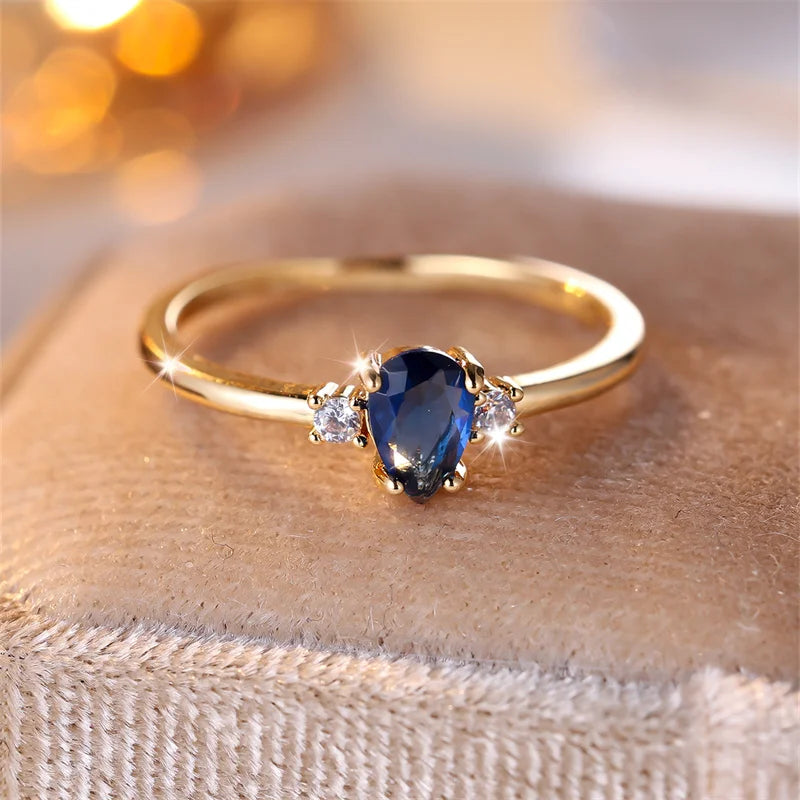 Royal Ocean Blue Tear-Drop Ring - Elegant Gold Band