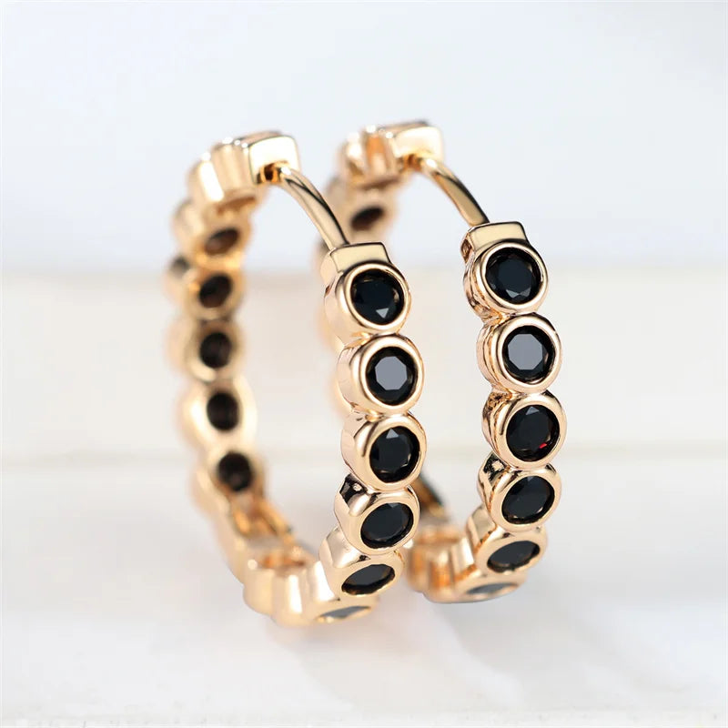 Luxury Cute Female Small Black Round Hoop Earrings Charm Gold Color Trendy Zircon Stone Wedding Jewelry For Women
