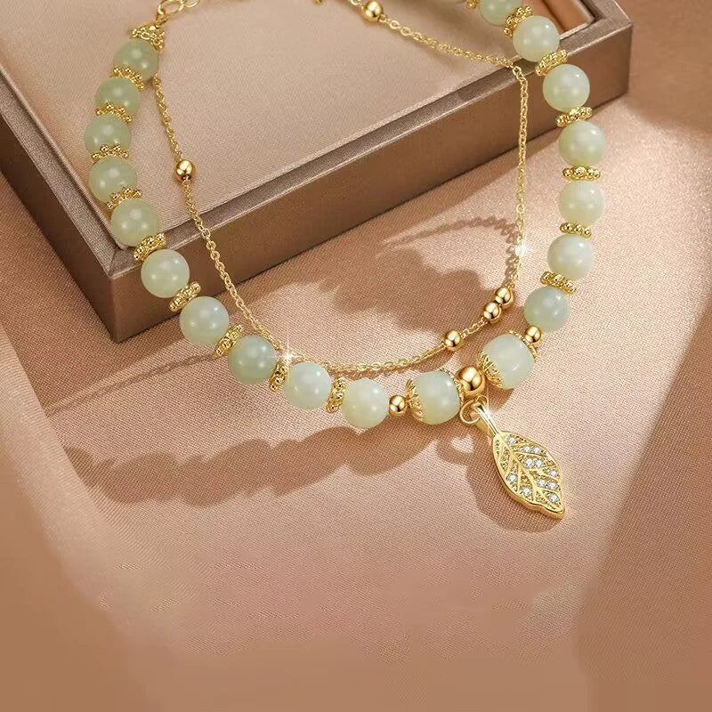 Nature’s Whisper Double Layer Bracelet - Green Beads & Gold Leaf