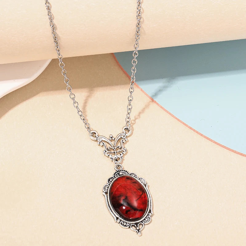 Gothic Blood Red Quartz Charm Necklace Oval Pendant Necklace