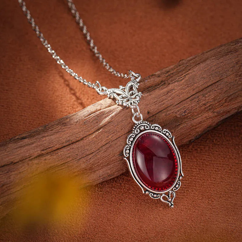 Gothic Blood Red Quartz Charm Necklace Oval Pendant Necklace