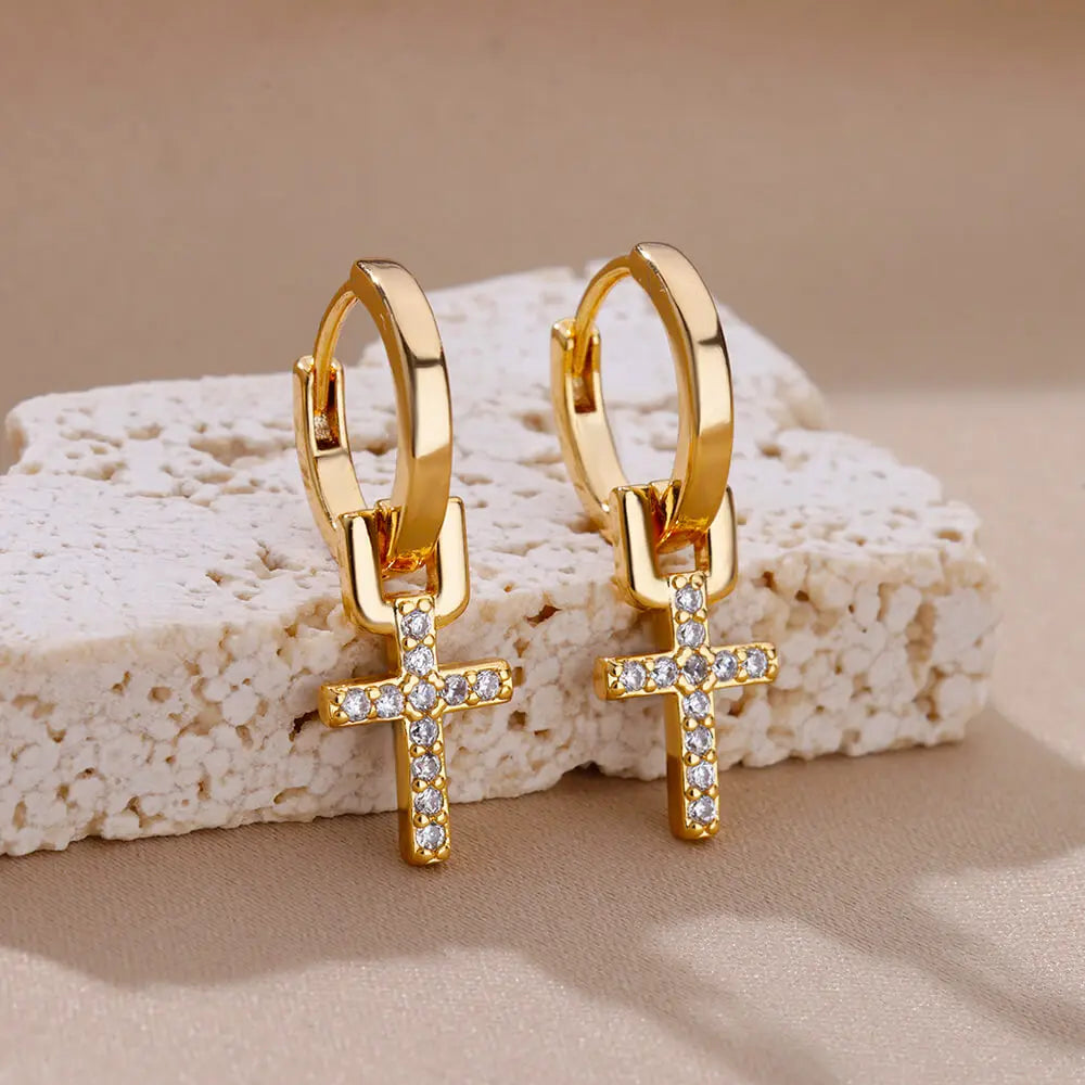 Zircon Cross Drop Earring for Women 2023 Gold Color Stainless Steel Earrings Luxury Ear Buckle Jewelry Wedding Gifts pendientes