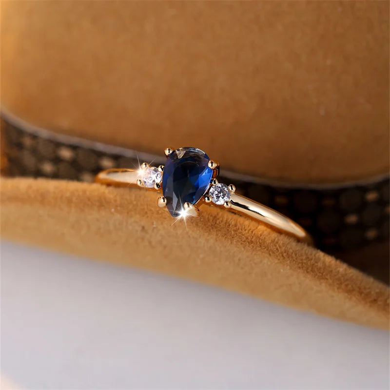 Royal Ocean Blue Tear-Drop Ring - Elegant Gold Band