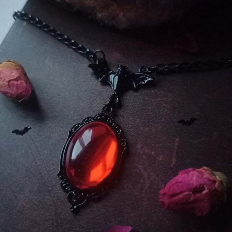 Gothic Blood Red Quartz Charm Necklace Oval Pendant Necklace