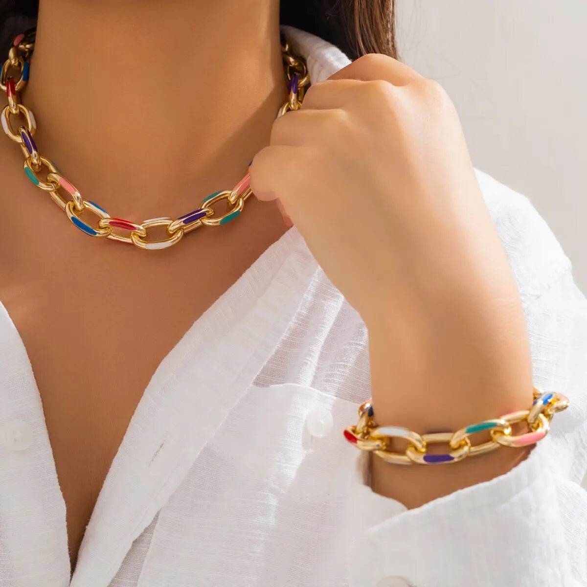 Candy Enamel Link Set - Gold Plated Necklace & Bracelet