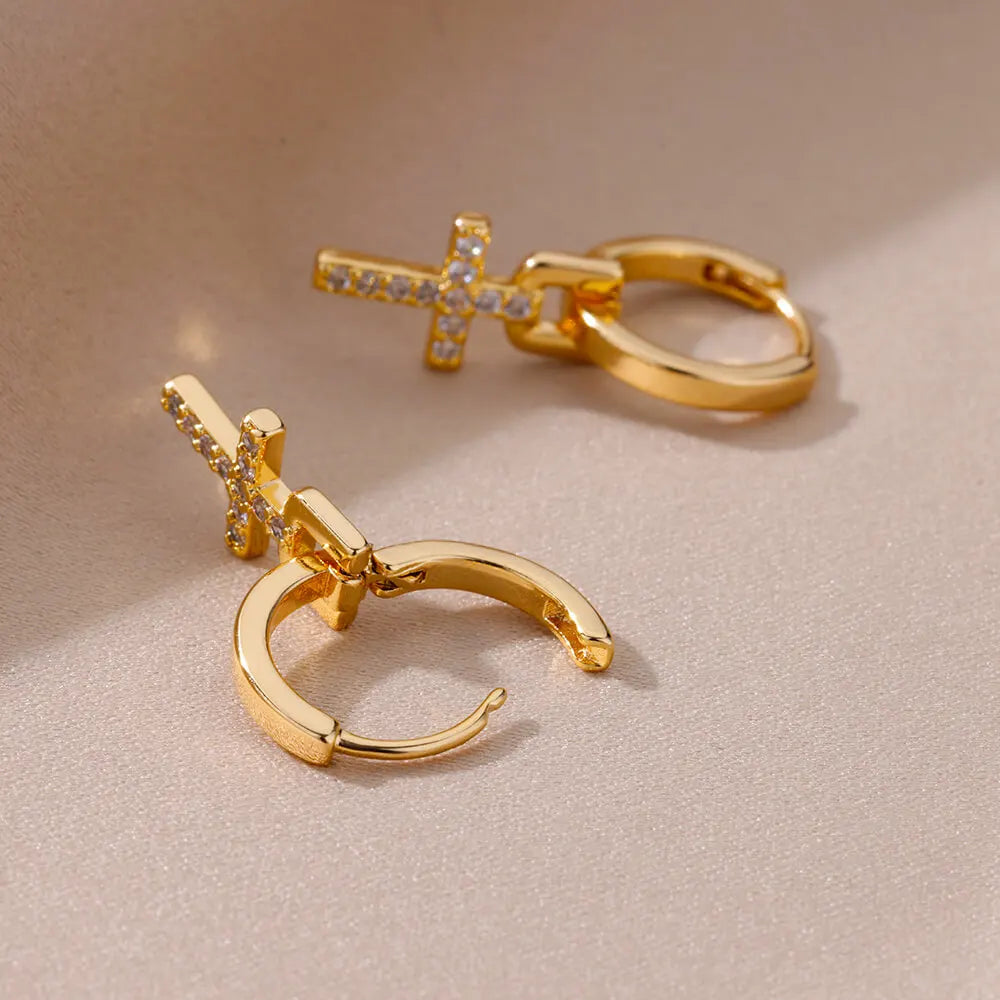 Zircon Cross Drop Earring for Women 2023 Gold Color Stainless Steel Earrings Luxury Ear Buckle Jewelry Wedding Gifts pendientes
