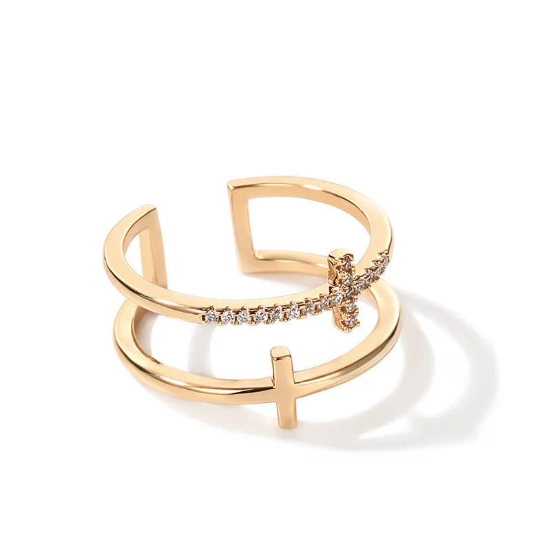 Modern Double Layer Cross Ring - Zircon Pave Gold Band