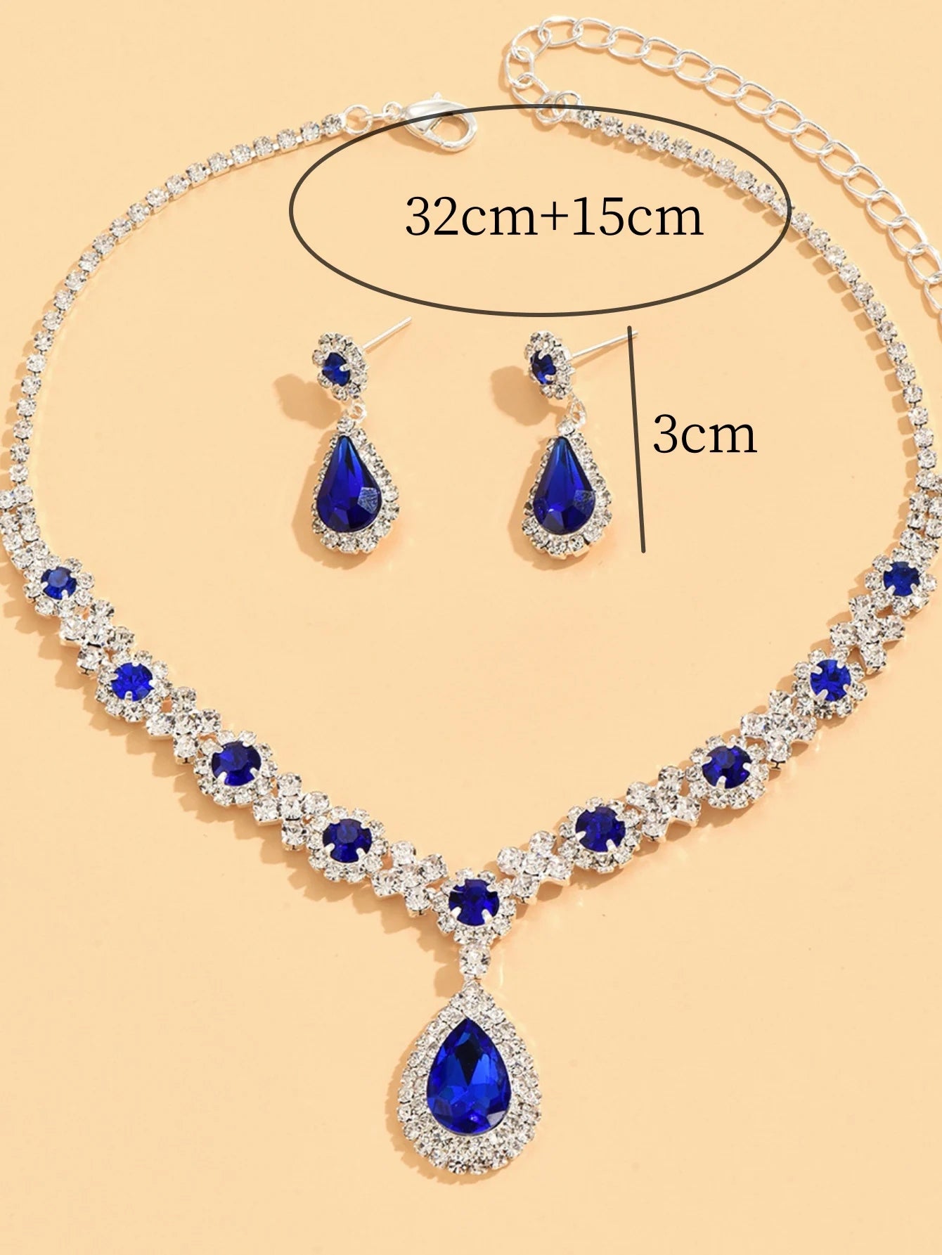 3 pieces of women's crystal droplet necklace with earrings