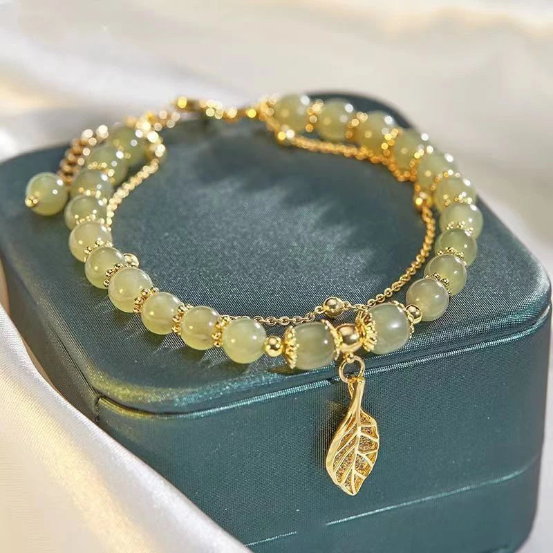 Nature’s Whisper Double Layer Bracelet - Green Beads & Gold Leaf