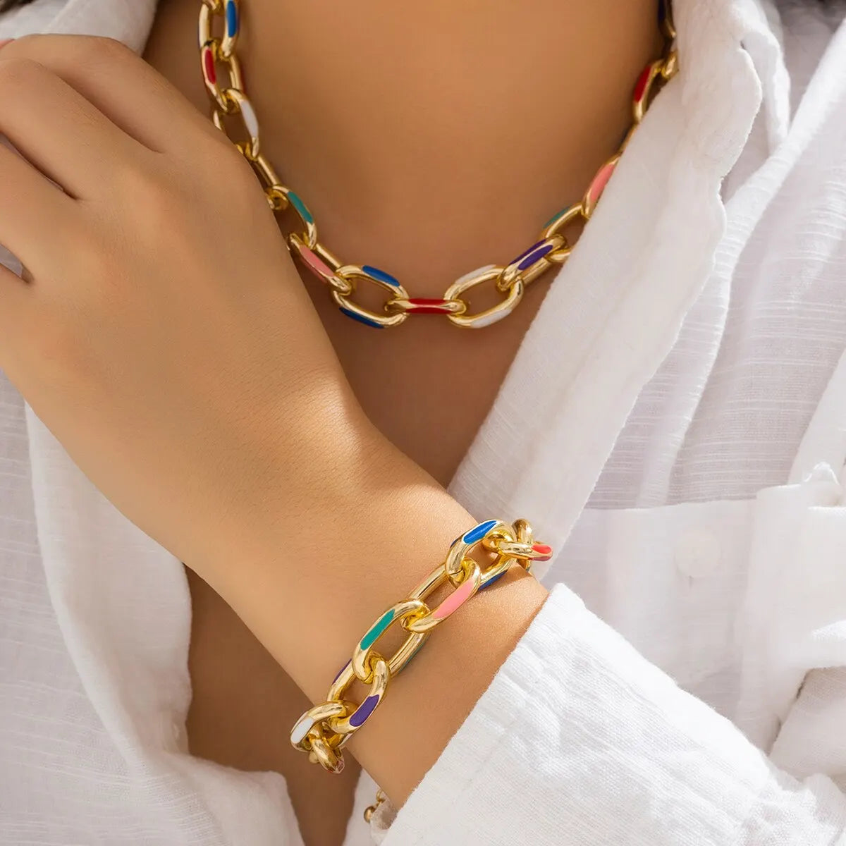 Candy Enamel Link Set - Gold Plated Necklace & Bracelet