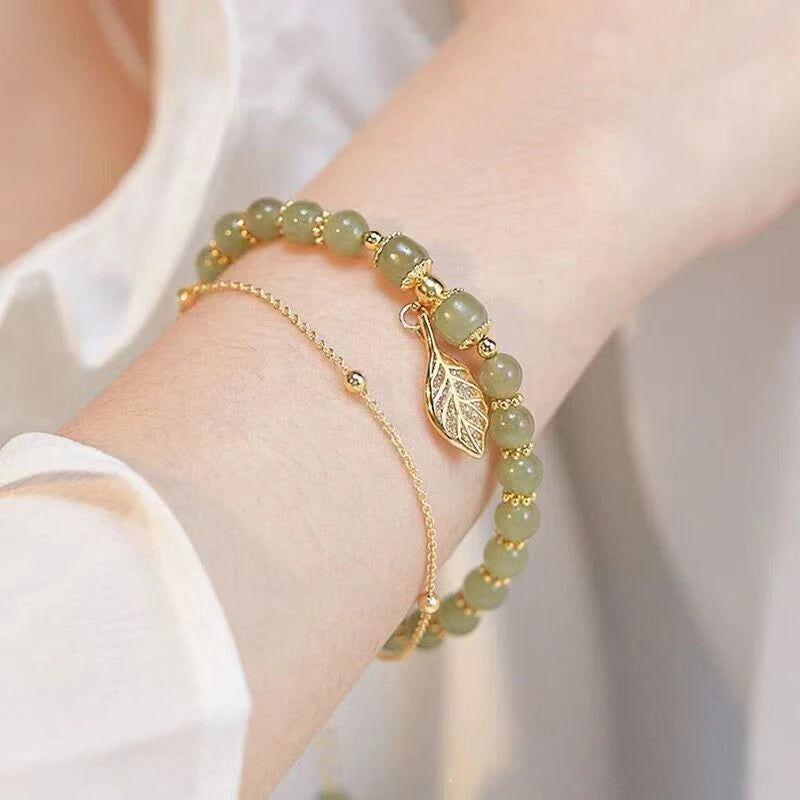 Nature’s Whisper Double Layer Bracelet - Green Beads & Gold Leaf