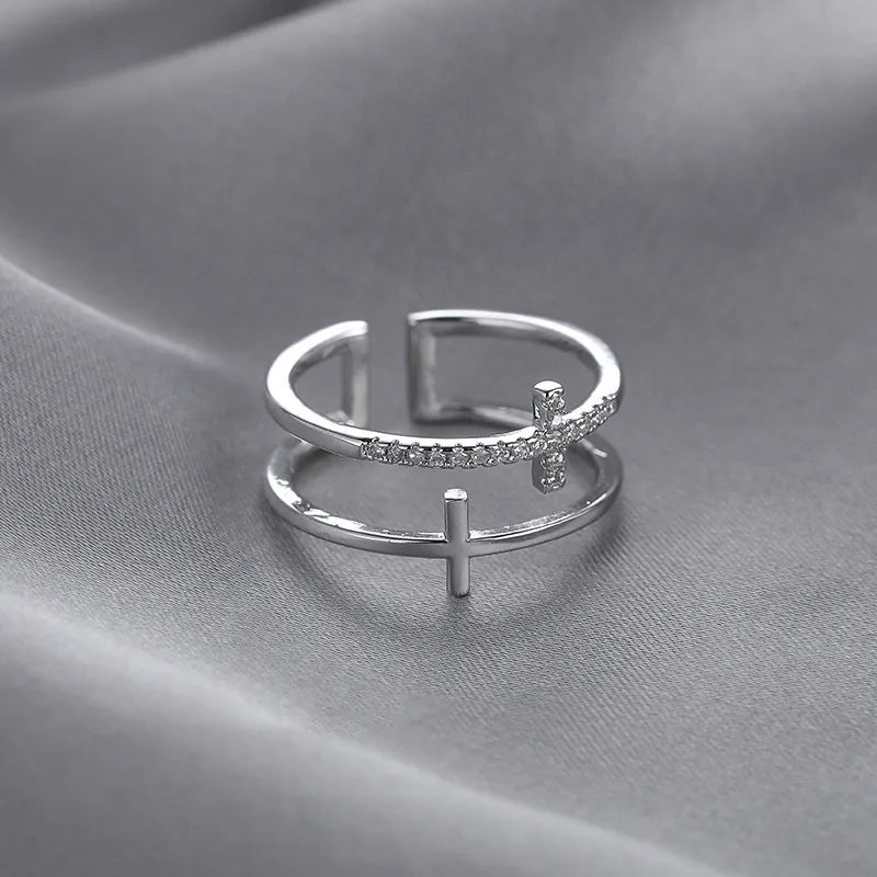 Modern Double Layer Cross Ring - Zircon Pave Gold Band