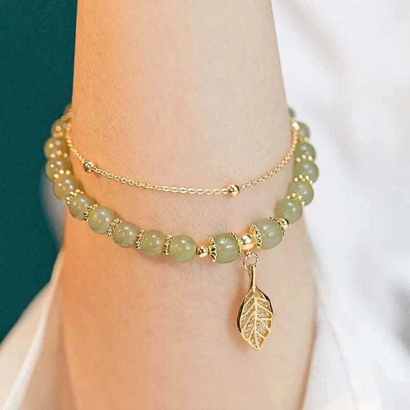 Nature’s Whisper Double Layer Bracelet - Green Beads & Gold Leaf