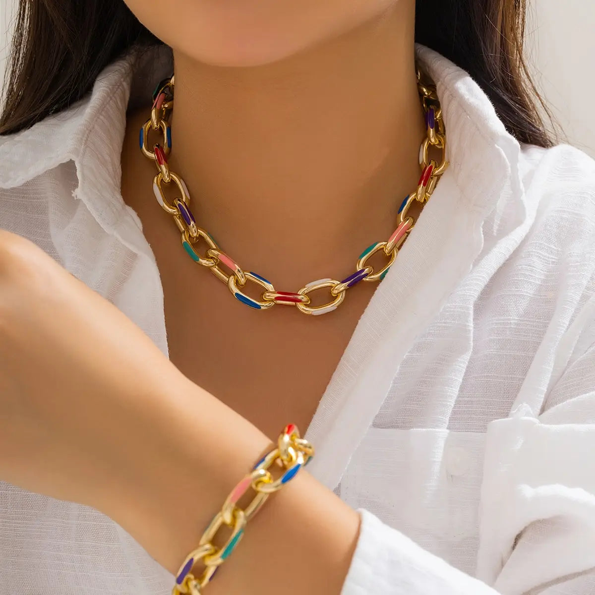 Candy Enamel Link Set - Gold Plated Necklace & Bracelet
