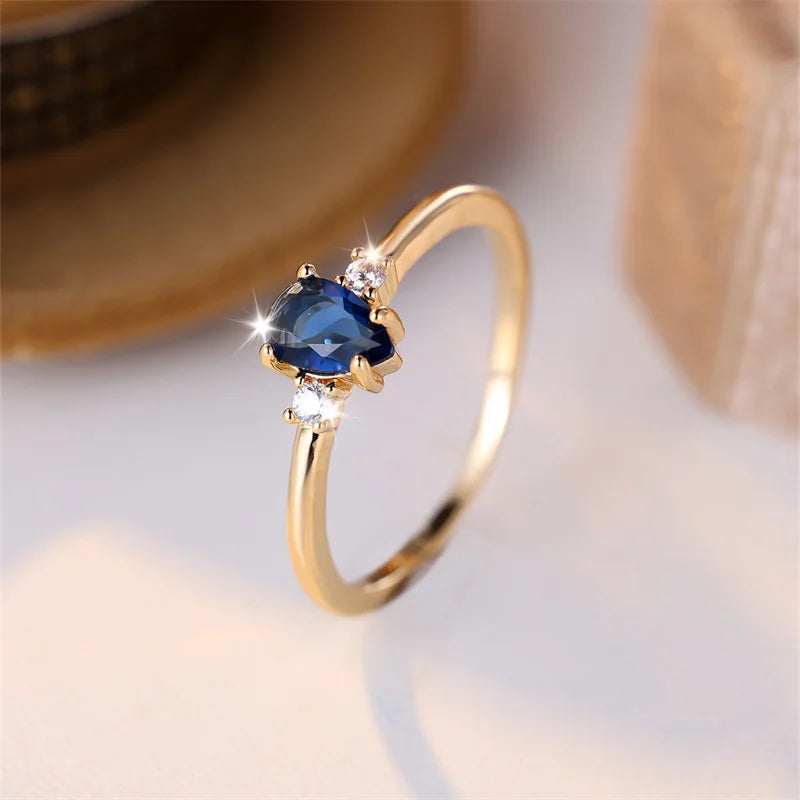 Royal Ocean Blue Tear-Drop Ring - Elegant Gold Band