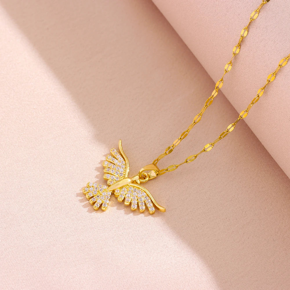 Golden Flight Dove Necklace - Zircon Pave Bird Pendant