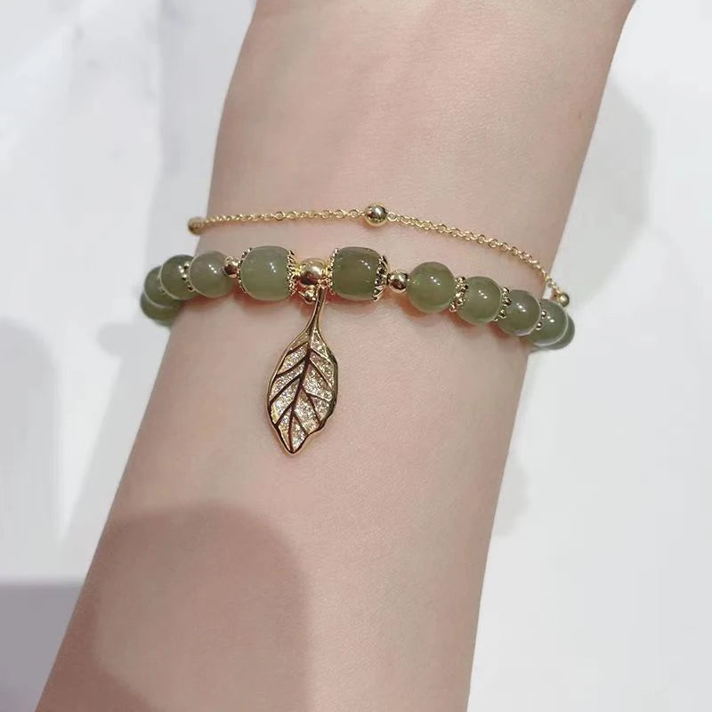 Nature’s Whisper Double Layer Bracelet - Green Beads & Gold Leaf