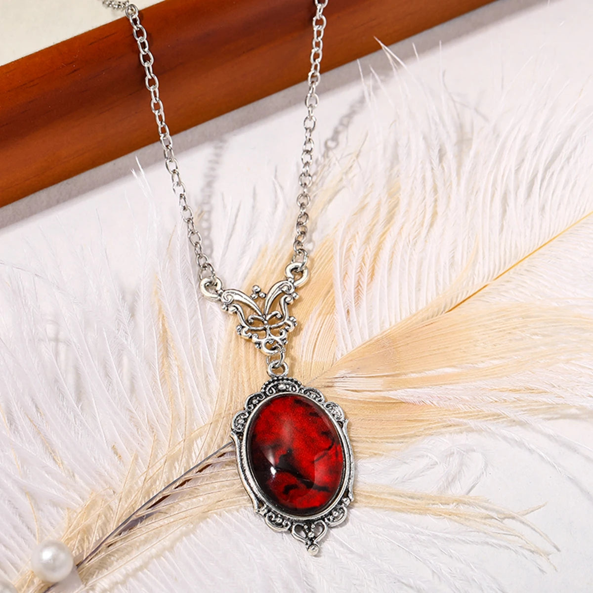 Gothic Blood Red Quartz Charm Necklace Oval Pendant Necklace