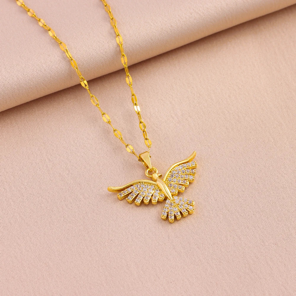Golden Flight Dove Necklace - Zircon Pave Bird Pendant