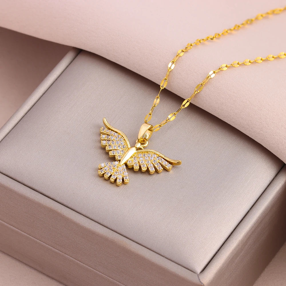 Golden Flight Dove Necklace - Zircon Pave Bird Pendant