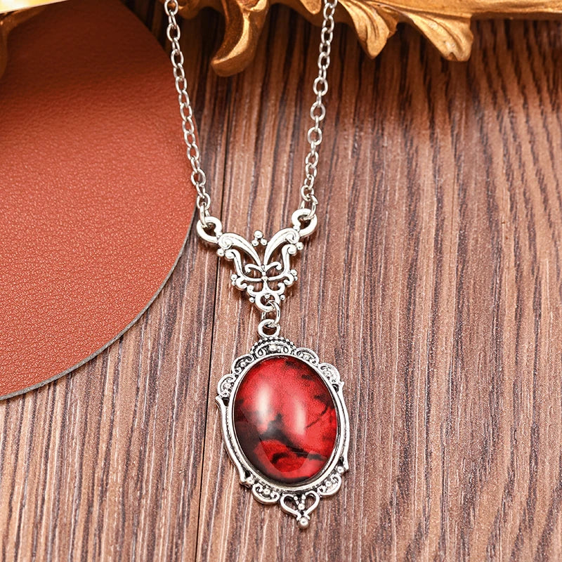 Gothic Blood Red Quartz Charm Necklace Oval Pendant Necklace
