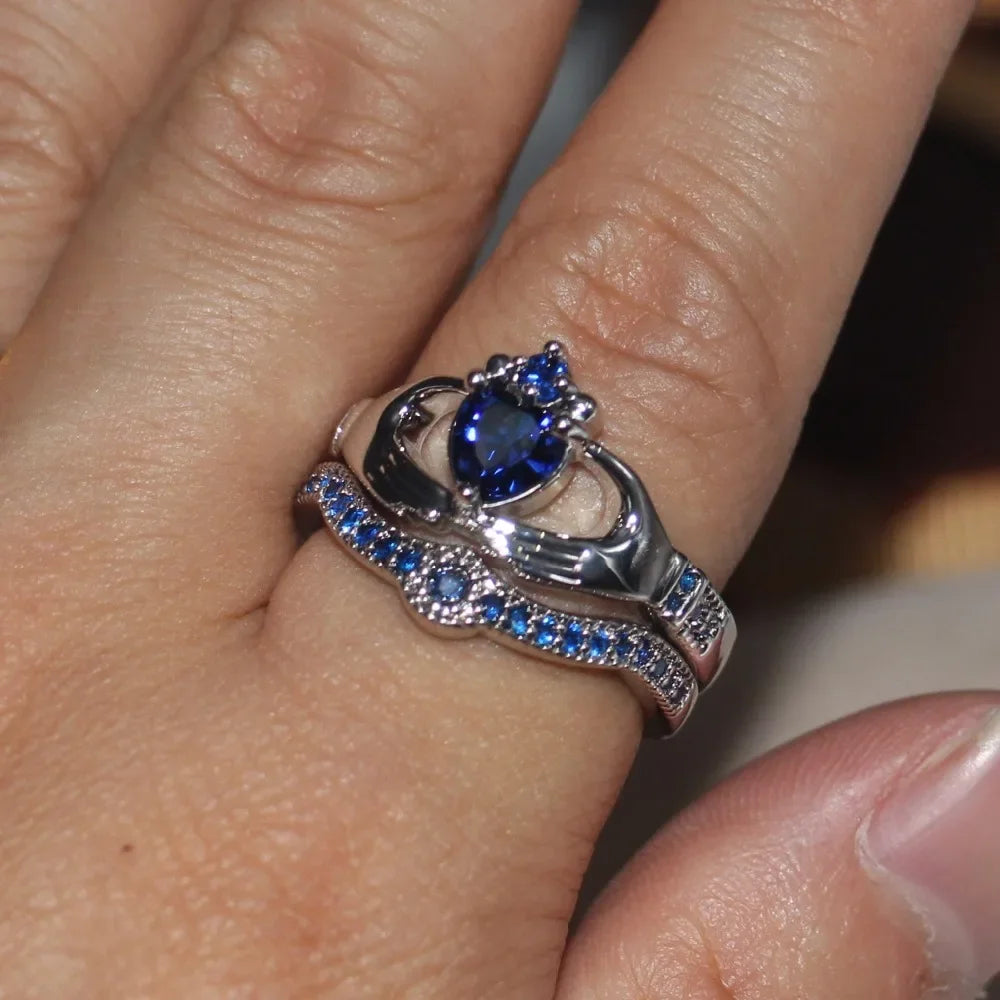 Queen Heart Lab Sapphire Claddagh Ring
