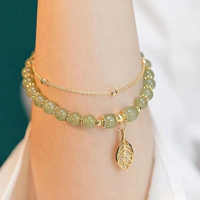 Nature’s Whisper Double Layer Bracelet - Green Beads & Gold Leaf