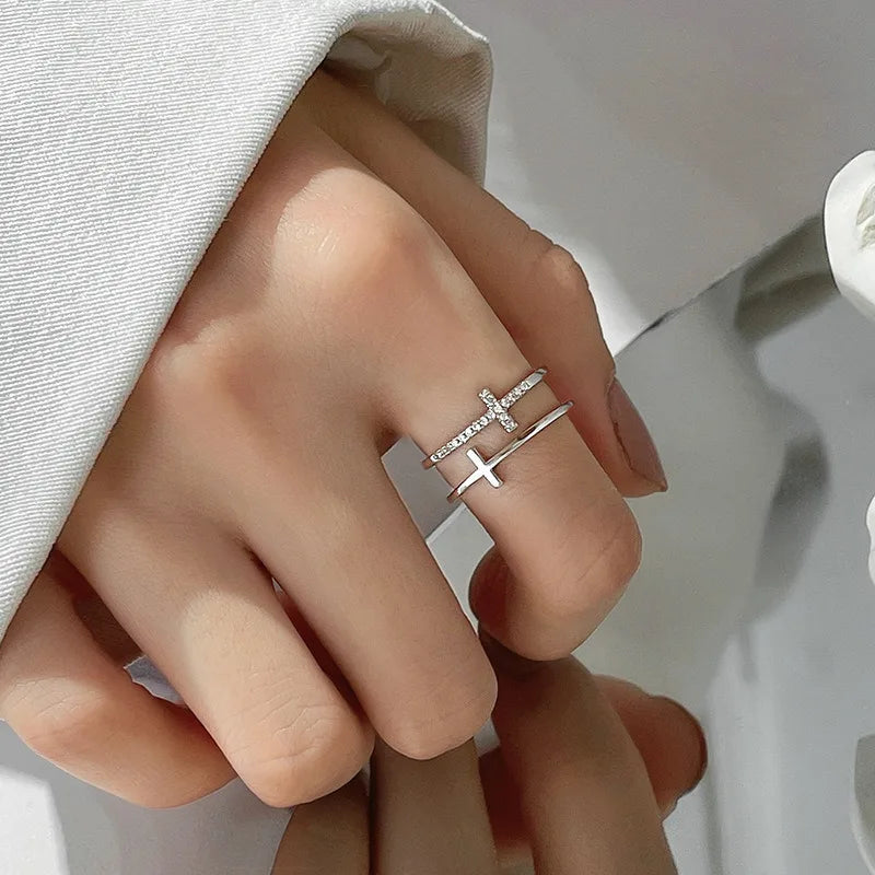 Modern Double Layer Cross Ring - Zircon Pave Gold Band
