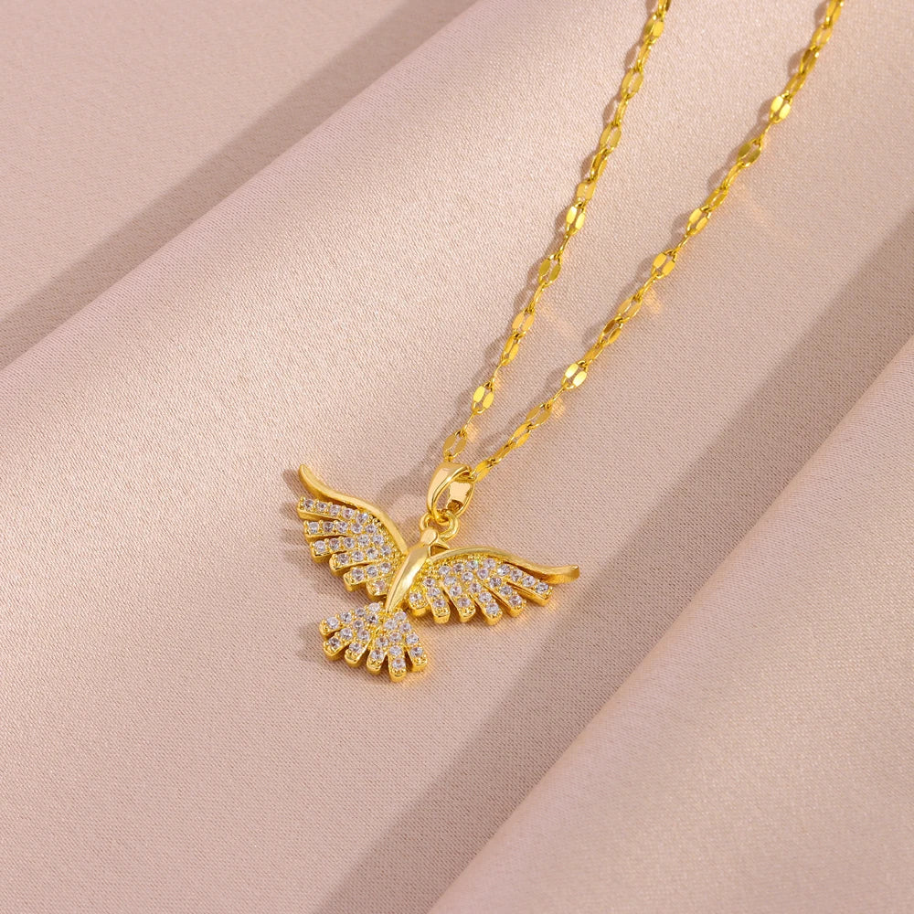 Golden Flight Dove Necklace - Zircon Pave Bird Pendant