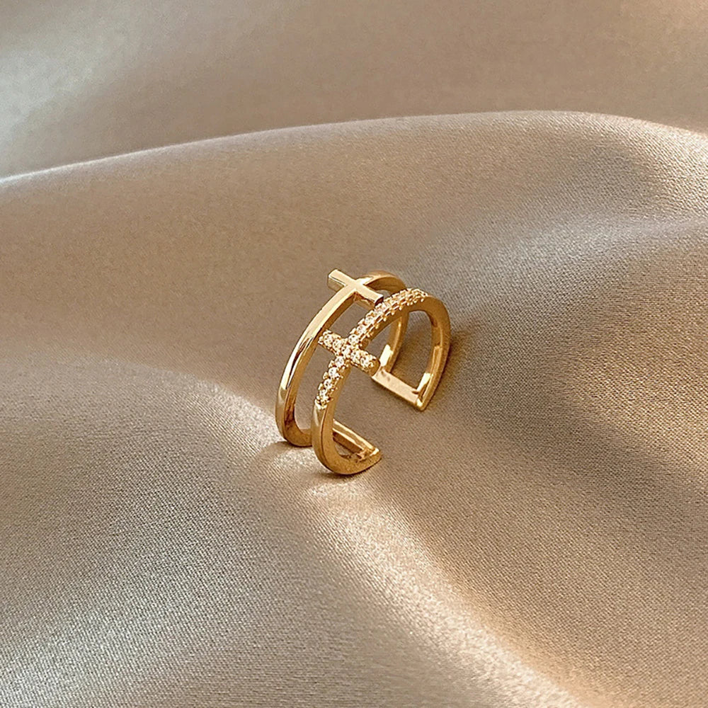 Modern Double Layer Cross Ring - Zircon Pave Gold Band