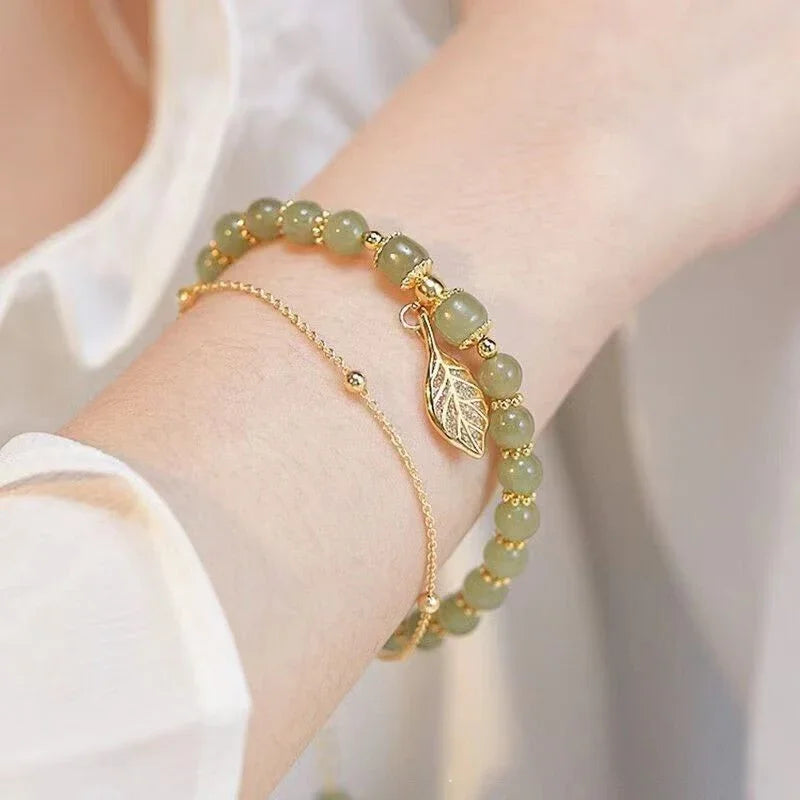 Nature’s Whisper Double Layer Bracelet - Green Beads & Gold Leaf