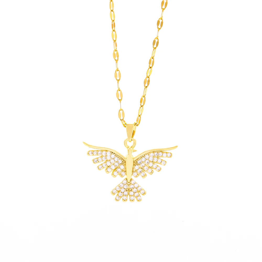 Golden Flight Dove Necklace - Zircon Pave Bird Pendant