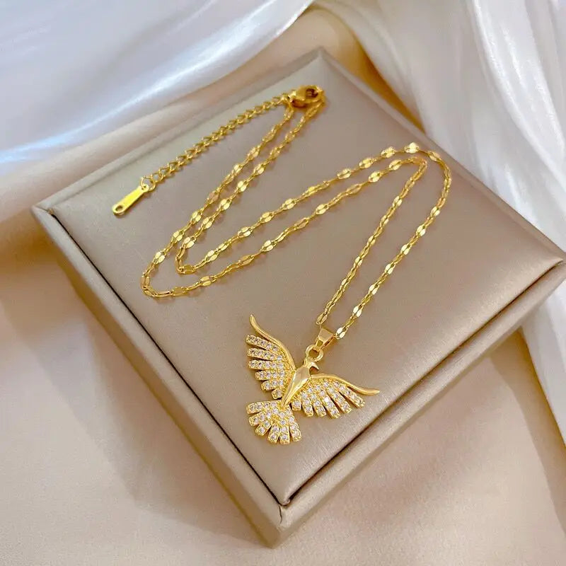 Golden Flight Dove Necklace - Zircon Pave Bird Pendant