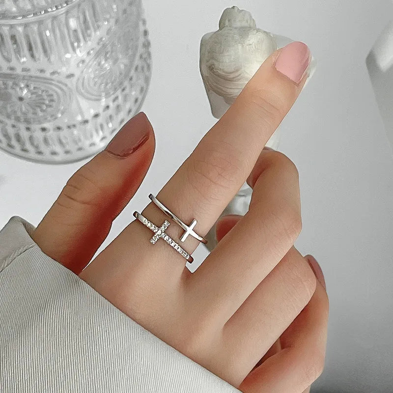 Modern Double Layer Cross Ring - Zircon Pave Gold Band